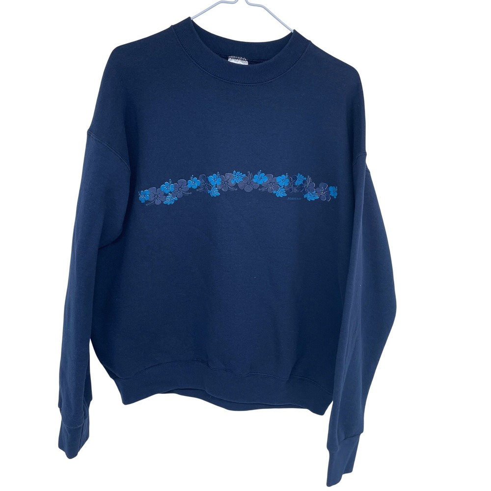 Double sided Fruit of the Loom Mens Navy Hawaii Floral Crewneck Sweatshirt Large